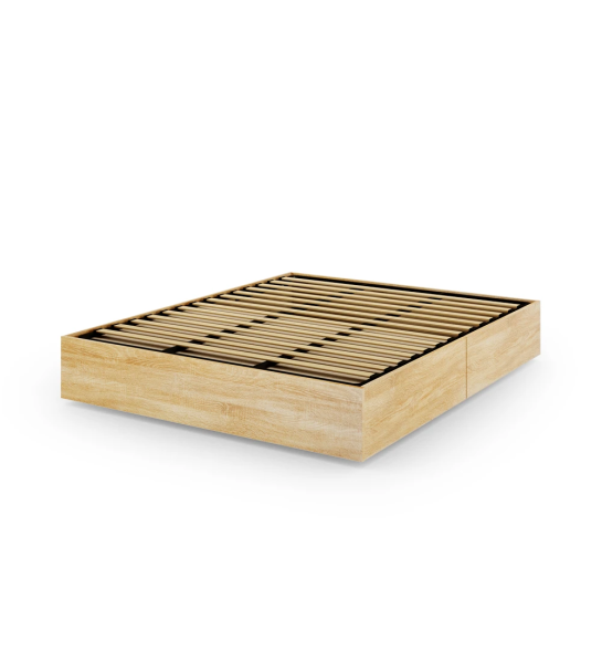 Sommier double en chêne naturel, avec plateforme élévatrice et 2 tiroirs pour le rangement.