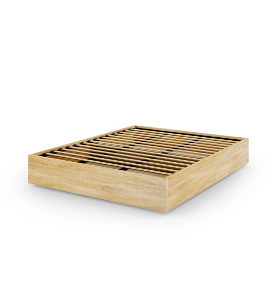 Sommier doble en roble natural, con plataforma elevable para almacenaje.