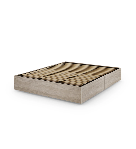 Sommier doble en roble decapé, con plataforma elevable et 2 cajones para almacenaje.