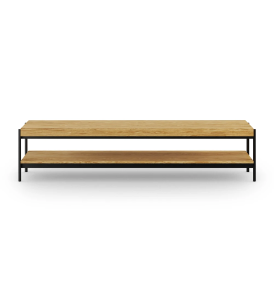 Console TV Cannes en chêne naturel, avec structure en métal laqué noir, pieds avec niveleurs, 200 x 45 cm.