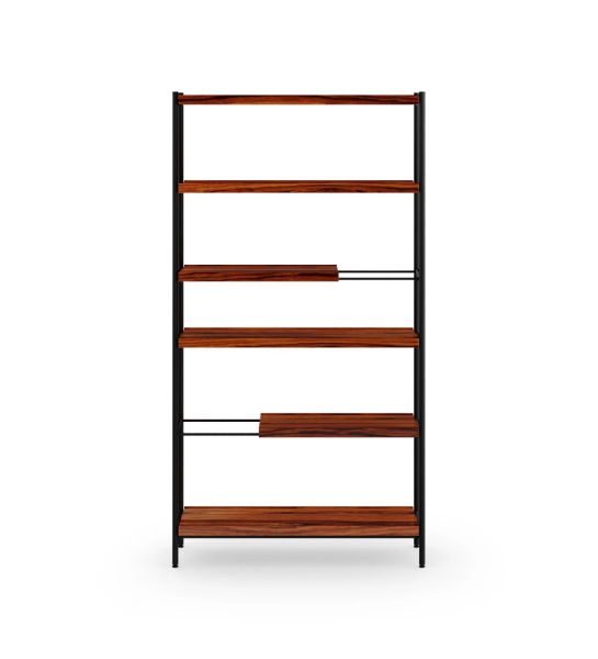 Estantería Cannes en palisandro alto brillo, estructura en metal lacado negro y pies con niveladores, 105 x 203 cm.