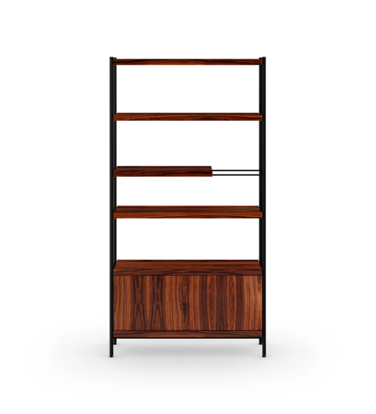 Estantería Cannes de palisandro alto brillo, módulo 2 puertas, estructura en metal lacado en negro y pies con niveladores, 105 x 203 cm.