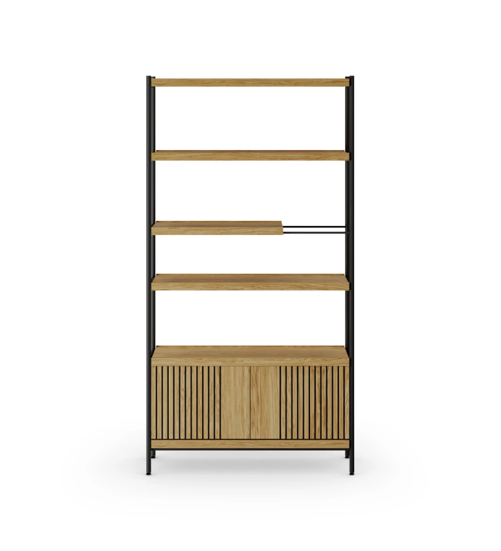 Double-sided bookcase with 2 doors module, in natural oak with friezes, with black lacquered metal structure, feet with levelers.