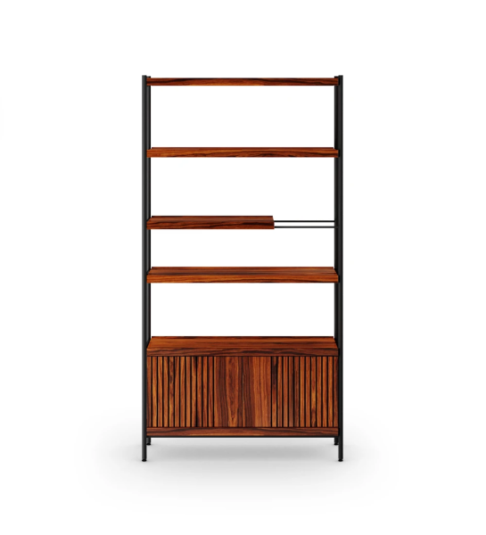 Estantería Cannes en palisandro alto brillo con frisos, módulo 2 puertas, estructura en metal lacado negro y pies con niveladores, 105 x 203 cm.