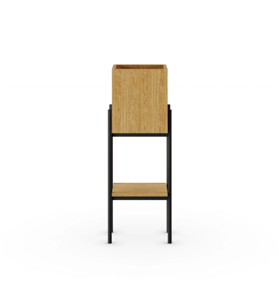 Flower box in natural oak, black lacquered metallic structure, with levelers feet.