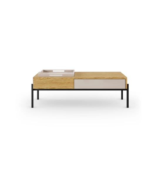 Cannes rectangular center table in natural oak, with pearl drawer and tray, black lacquered feet with levelers, 120 x 60 cm.