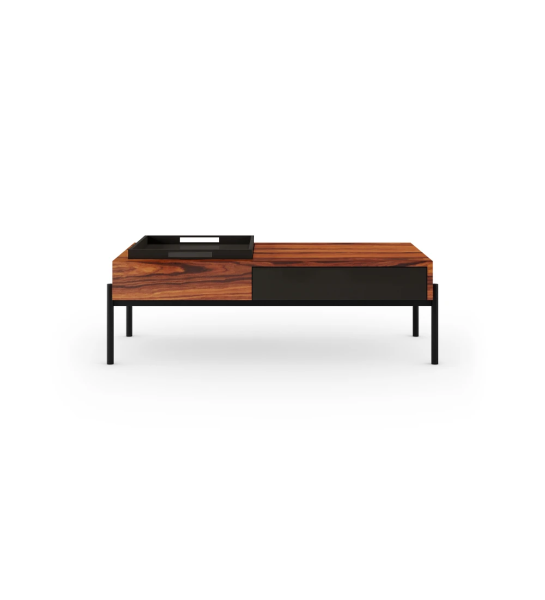 Cannes rectangular center table in high gloss palissander, black drawer and tray, black lacquered feet with levelers, 120 x 60 cm.