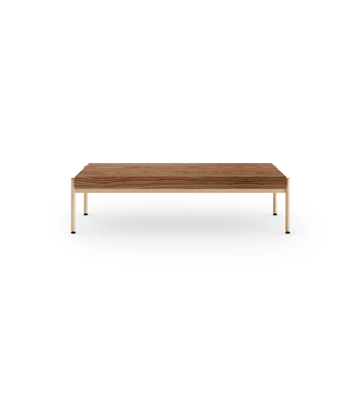Rectangular center table in walnut, gold lacquered metal structure, legs with levelers.