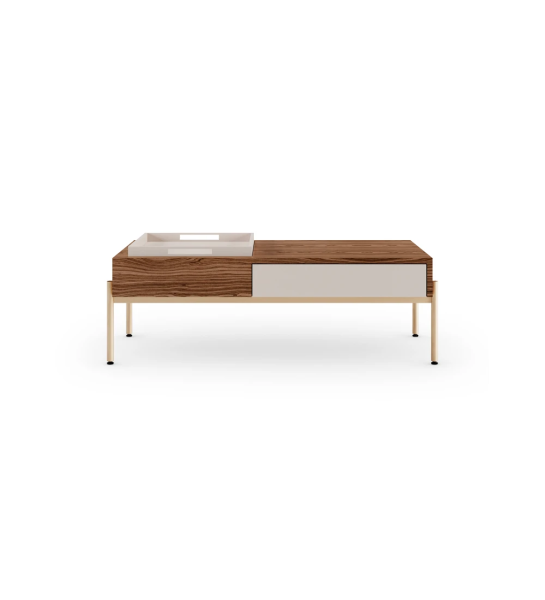 Cannes rectangular center table in walnut, pearl drawer and tray, gold lacquered feet with levelers, 120 x 60 cm.