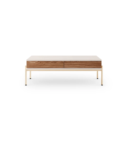 Mesa de centro Cannes retangular em pérola, 2 gavetas em nogueira, pés metálicos lacados a dourado com niveladores, 120 x 60 cm.