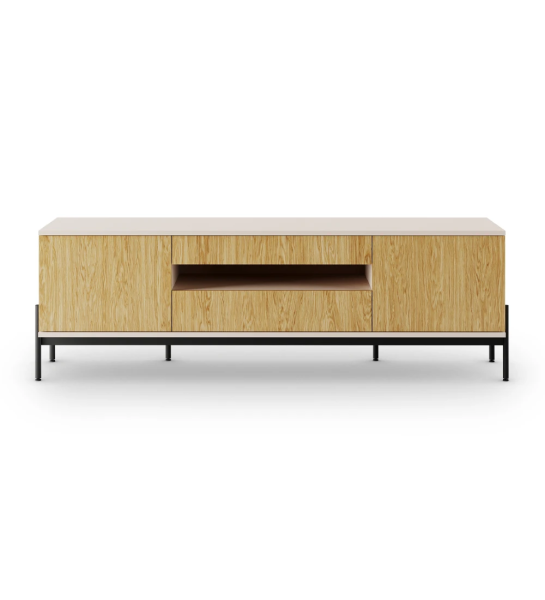 Móvel TV Cannes 2 portas e 2 gavetas em carvalho natural, estrutura em pérola e pés metálicos lacados a negro com niveladores, 200 x 64,5 cm.