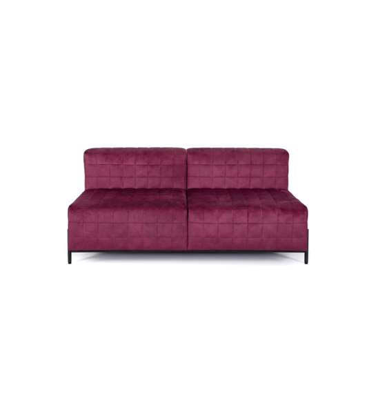Canapé Cannes sans accoudoirs 2 places recouvert en tissu violet, pieds en métal laqué noir, 165 cm.