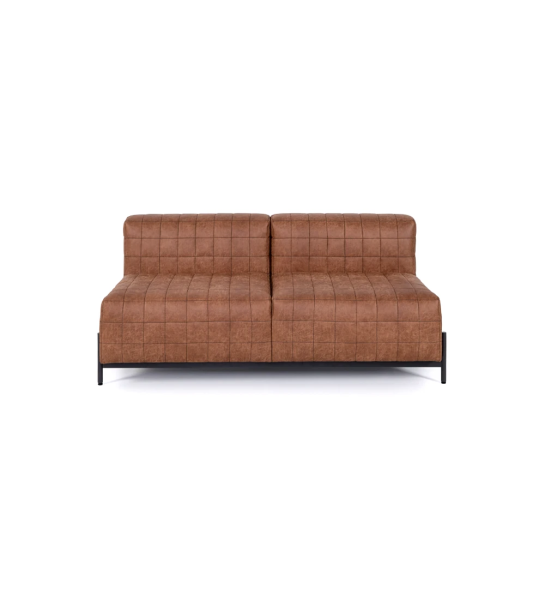 Canapé Cannes sans accoudoirs 2 places recouvert en tissu camel, pieds en métal laqué noir, 165 cm.