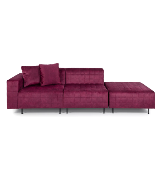 Sofá Cannes 2 lugares e puff estofados a tecido violeta, pés metálicos lacados a negro, 260 cm.