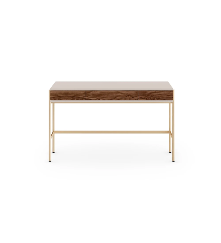 Desk with 2 drawers in walnut, pearl structure and gold lacquered metal feet with levellers.