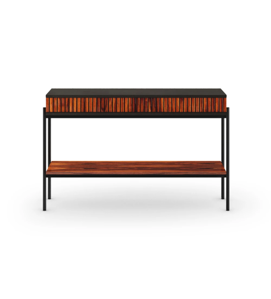 Console avec 2 tiroirs en frise et une étagère en palissandre brillant, structure noire et pieds en métal laqué noir avec niveleurs.