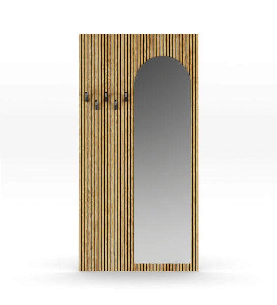 Panel for entrance hall in natural oak with friezes, with mirror, hooks in black.