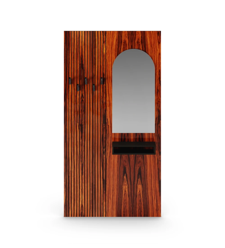 Panel de entrada en palisandro alto brillo con frisos, con espejo, módulo y ganchos en negro.