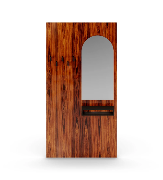 Panel for entrance hall in high gloss palissander, with mirror, module in black and hooks in black.
