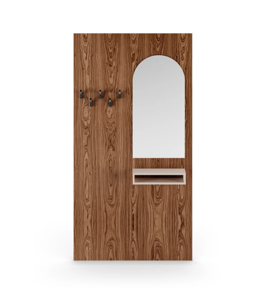 Panel for entrance hall in walnut, with mirror, module in pearl and hooks in black.