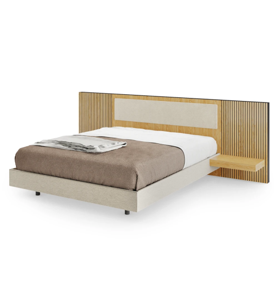 Double bed with upholstered headboard center panel, headboard sides with friezes and shelves in natural oak, upholstered hanging base.