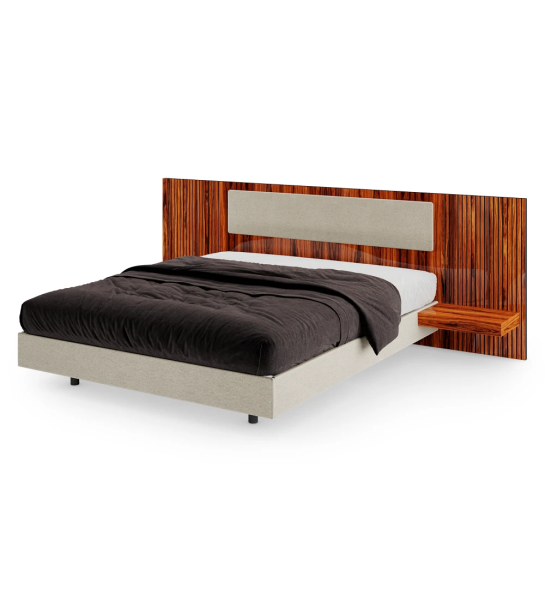 Double bed with upholstered headboard central panel, headboard sides with friezes and shelves in high gloss palissander, upholstered hanging base.
