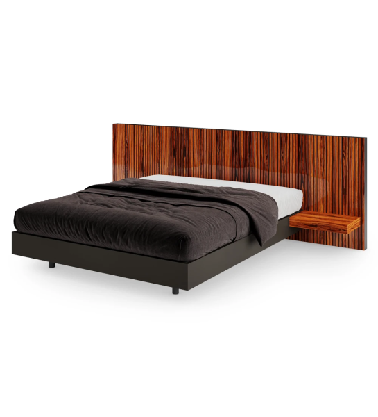 Cama doble con cabecero con frisos y estantes en palisandro de alto brillo, base suspendida en negro.
