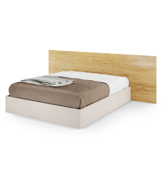 Double bed with natural oak headboard and pearl base, with storage through a lifting platform.