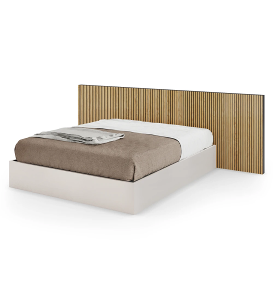 Double bed with natural oak headboard with friezes and pearl base, with storage through a lifting platform.