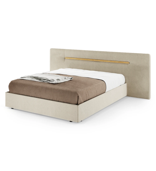 Double bed with upholstered headboard and base, detail in natural oak, with storage through a lifting platform.