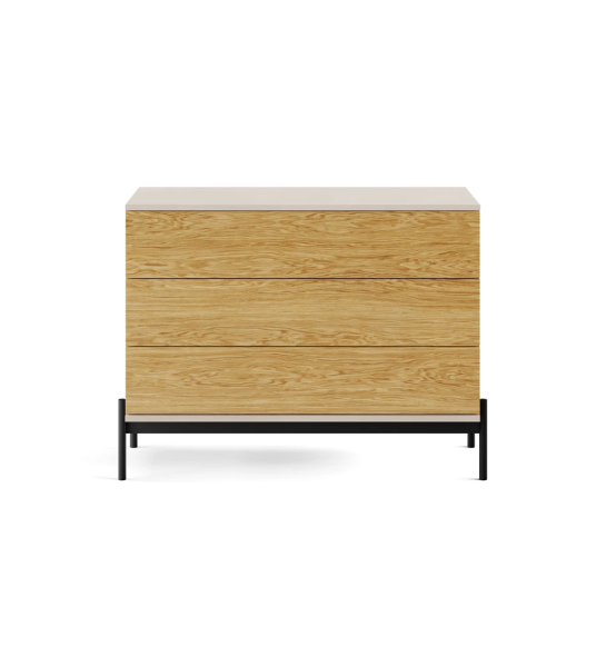 Dresser with 3 natural oak drawers, pearl structure and black lacquered metal feet with levelers.
