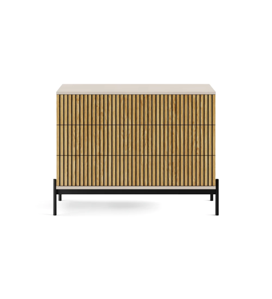 Dresser with 3 natural oak drawers with friezes, pearl structure and black lacquered metal feet with levelers.