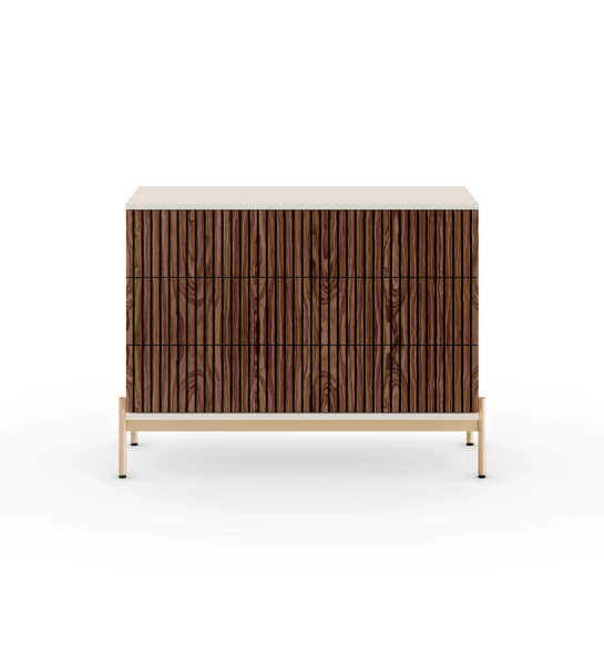 Dresser with 3 walnut drawers with friezes, pearl structure and golden lacquered metal feet with levelers.