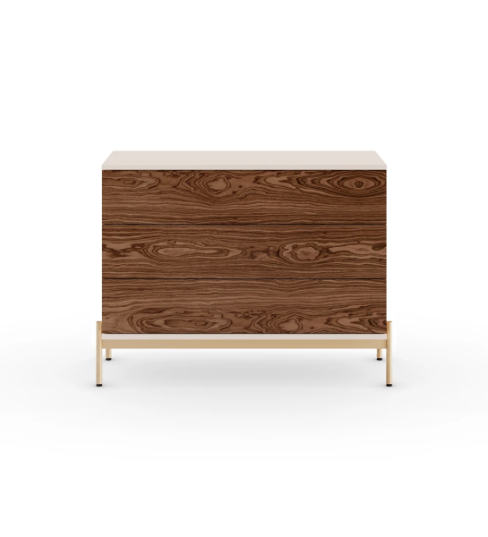 Dresser with 3 walnut drawers, pearl structure and golden lacquered metal feet with levelers.