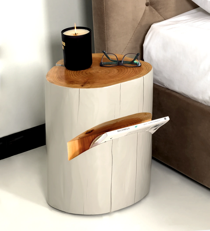 Bedside table in natural cryptomeria wood lacquered in light grey.