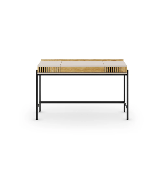 Dressing Table with 2 drawers with friezes in natural oak, pearl structure and black lacquered metal feet with levelers.