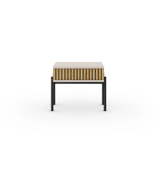 Bedside table with drawer with natural oak friezes, pearl frame and black lacquered metal legs.