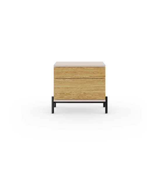 Bedside table with 2 drawers in natural oak, pearl structure and black lacquered metal feet with levelers.