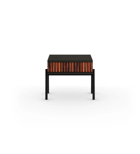 Bedside table with drawer with friezes in high-gloss palissander, frame and metal feet in black with levelers.