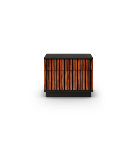Bedside table with 2 drawers with friezes in high gloss palissander, black structure.