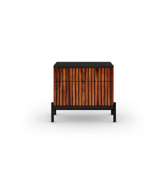 Bedside table with 2 drawers with high gloss palissander friezes, black frame and black lacquered metal feet with levelers.