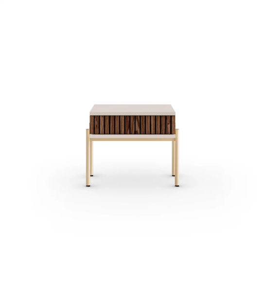 Bedside table with walnut frieze drawer, pearl structure and gold lacquered metal feet with levelers.