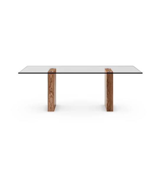 Mesa de comedor Cannes rectangular 200 x 98 cm, tapa de cristal, pies en nogal.