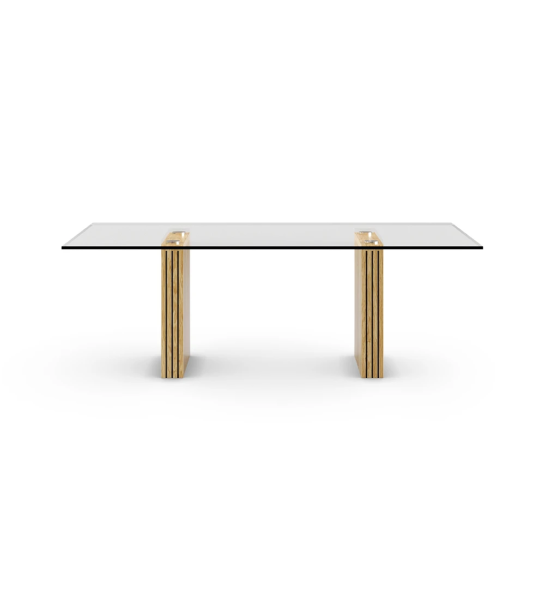 Mesa de jantar Cannes retangular 200 x 98 cm, tampo de vidro, pés em carvalho natural com frisos.
