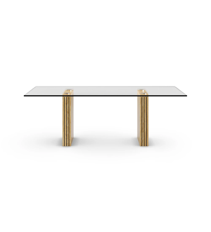 Rectangular dining table with glass top, legs in natural oak with friezes.