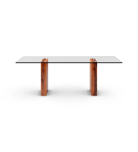 Mesa de jantar Cannes retangular 200 x 98 cm, tampo de vidro, pés em palissandro alto brilho.