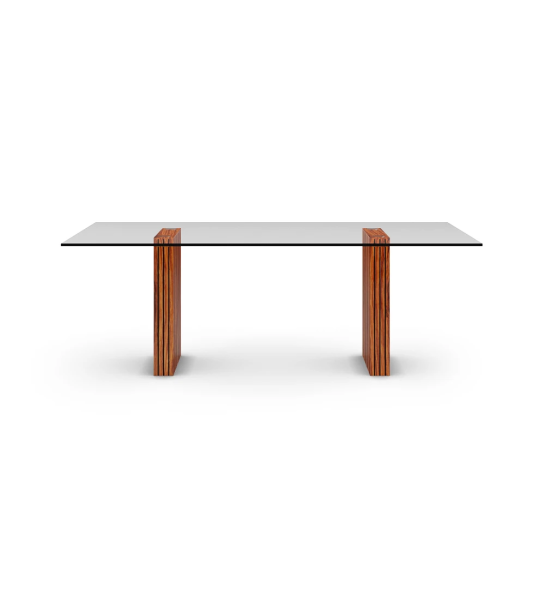 Mesa de comedor Cannes rectangular 200 x 98 cm, tapa de cristal, pies en palisandro alto brillo con frisos.