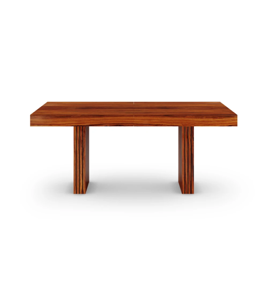 Mesa de jantar extensível retangular em palissandro alto brilho, pés com frisos. 