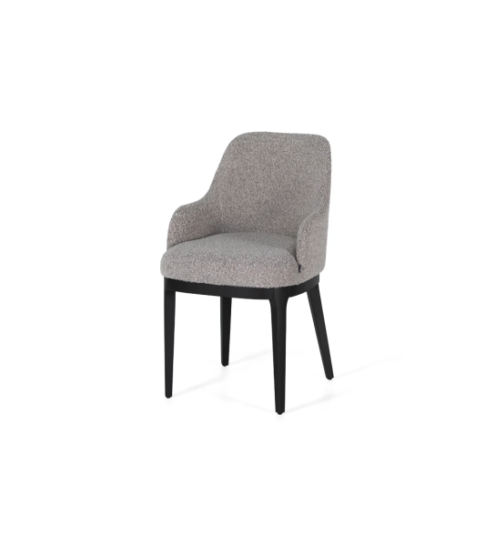 Chaise avec accoudoirs rembourrée en tissu, avec pieds en bois laqué noir.
