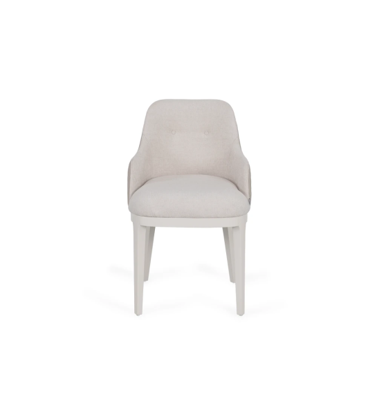Chair with armrest upholstered in fabric, with pearl lacquered feet.